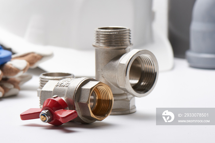 Plumbing concept, sanitary equipment. Tools and details on white background.