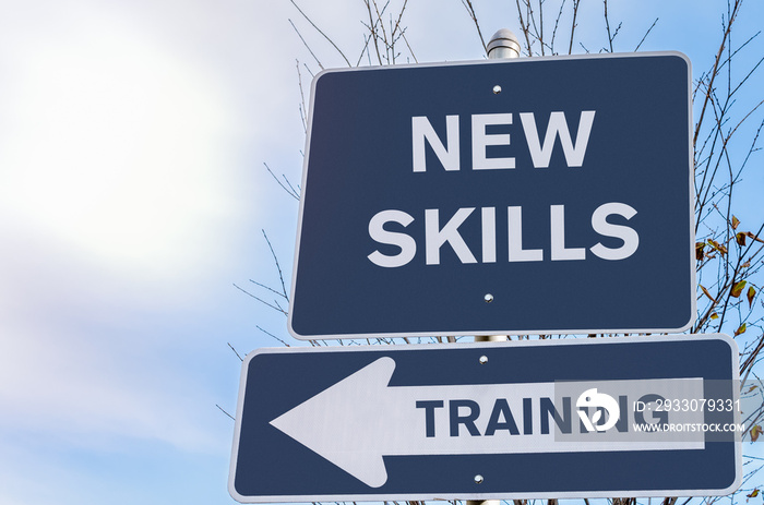 New skill training conceptual road sign against sky. Copy Space.