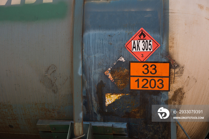 Danger Flammable Liquids Symbol Sign on railway tank. Close up . class AK 305