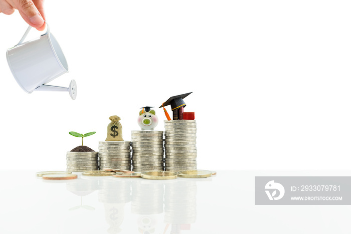 Saving money for college tuition fee concept : Hand pours water from watering can, sprout / small tree, US dollar bag, piggybank, book and black grad cap on coins, isolated on white background.