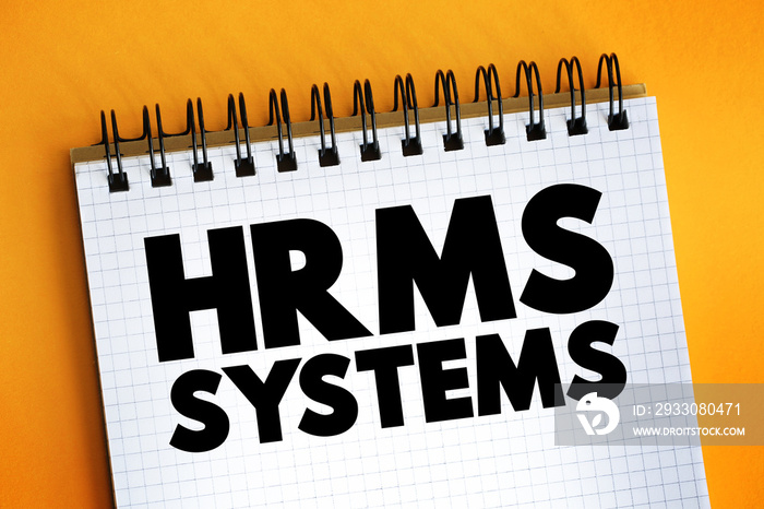 HRMS - Human Resource Management System acronym on notepad, business concept background