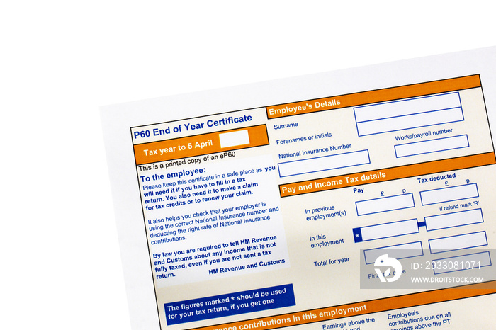 P60 End of year Certificate issued by HMRC in the United Kingdom.  Blank tax form