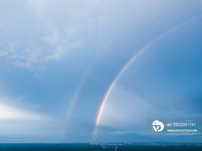 Double rainbow over a residential area of Kiev. Aerial drone view.