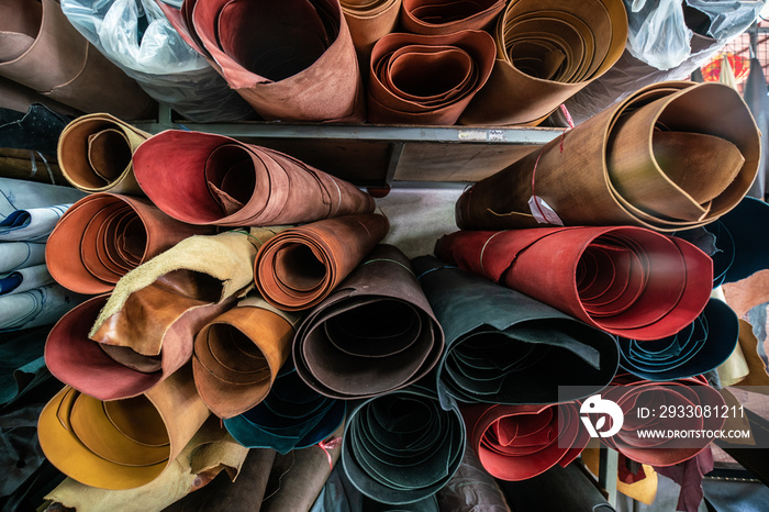 Raw genuine vegetable  tanned leather show on shelf