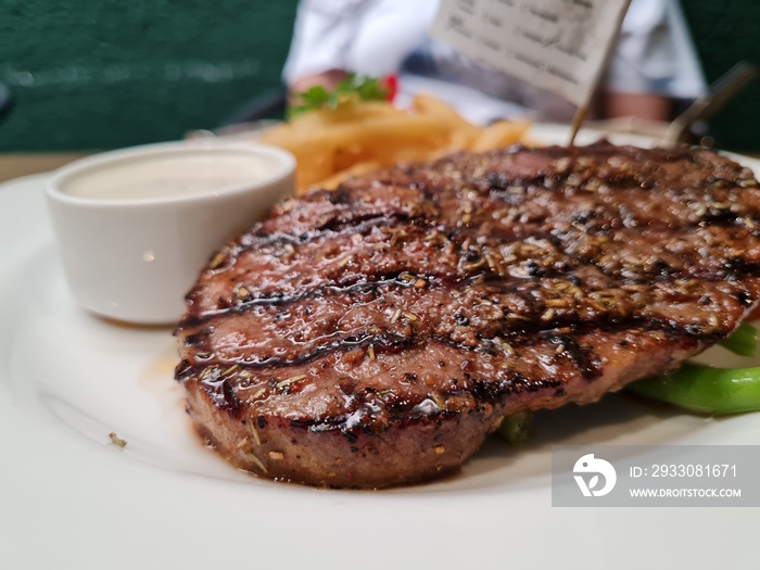 Barbecue Rib Eye Steak or rump steak - Dry Aged Wagyu Entrecote Steak. Wagyu is ready to eat with medium rare preparation