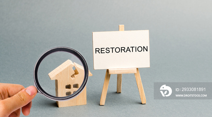 A poster with the inscription Restoration and a broken wooden house. Repair secondary housing. The process of improvement, reconstruction of the home. Recovery after a fire or natural disaster