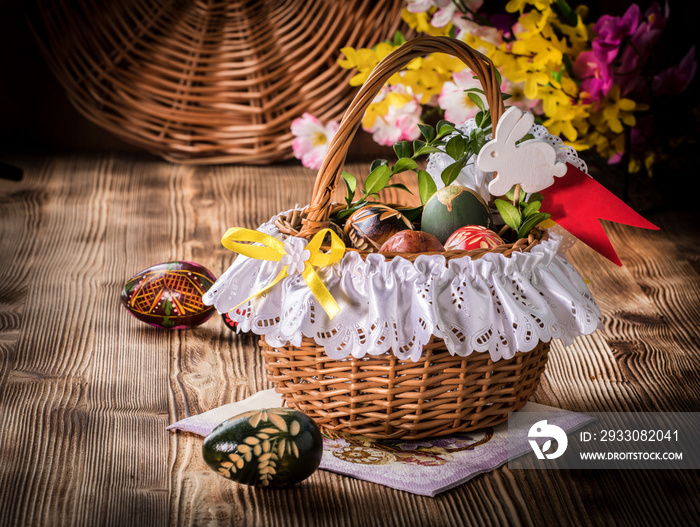 Traditional Easter basket with colored eggs.