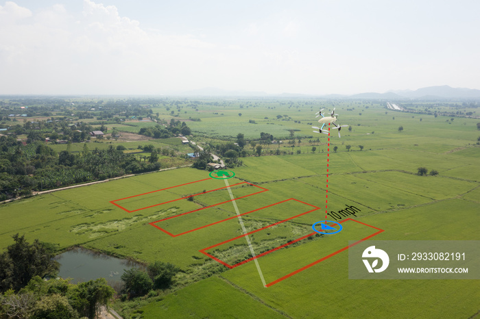 smart farming concept, drone use a technology in agriculture with artificial intelligence to measure the area, photographer, and fly follow the line and send the data back to farmer in cloud system