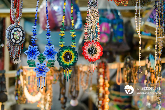 Accessories made with multicolored chaquira. Mexican handicrafts made with colorful stones.