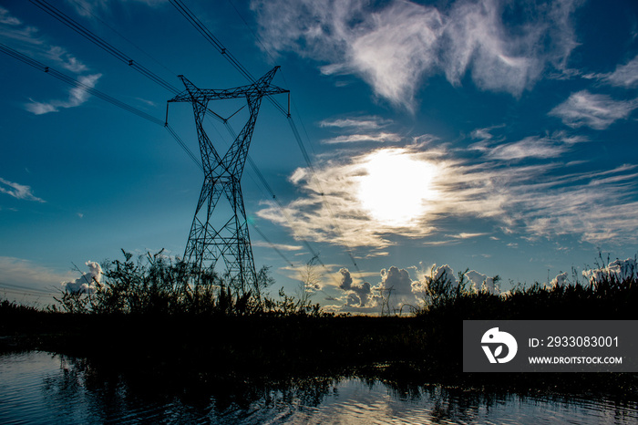 Power tower, electricty line in the field