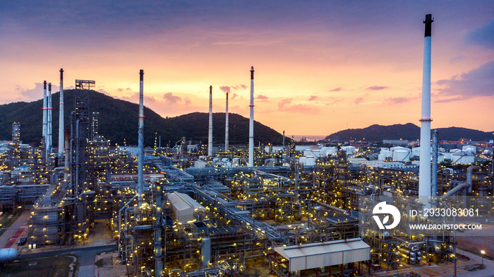 Aerial view of Oil refinery, Oil Industry at sunset.