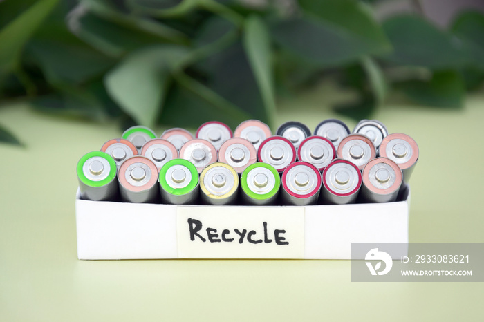 Used AA batteries and proper disposal of environmentally and soil toxic batteries on a green background.