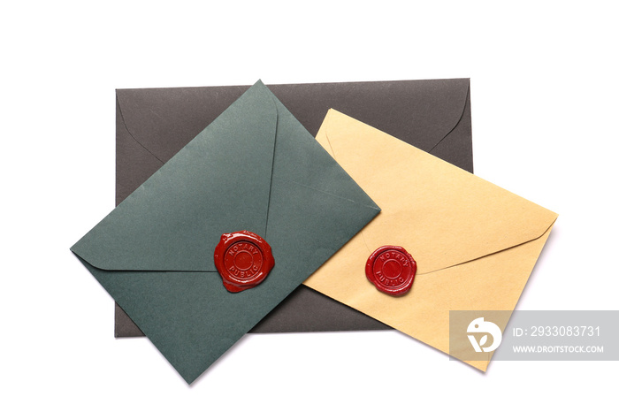 Envelopes with wax seal stamps of notary public on white background