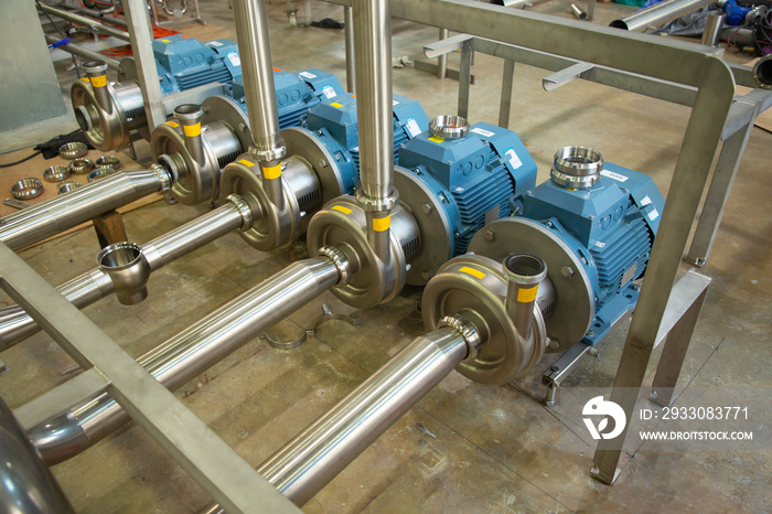 Stainless steel pumps and motors which are commonly used in the food and beverage industry.