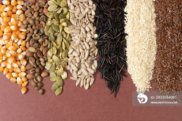 Different lines of cereals and seeds - corn, squash, coffee, rice, millet, sunflower, quinoa - on a brown surface