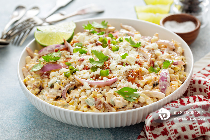 Grilled corn and jalapeno salad with red onion, cheddar cheese and bacon, summer potluck recipe