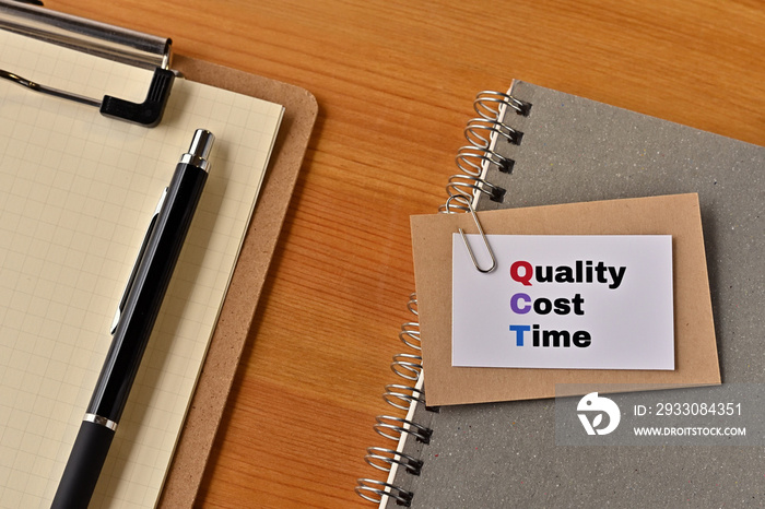 There is a piece of paper with the word Quality, Cost, Time written on it.