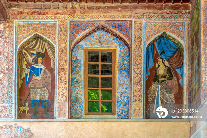 exceptional medieval facade paintings outside the Public Chehel Sotoun Palace, in Isfahan, Iran.