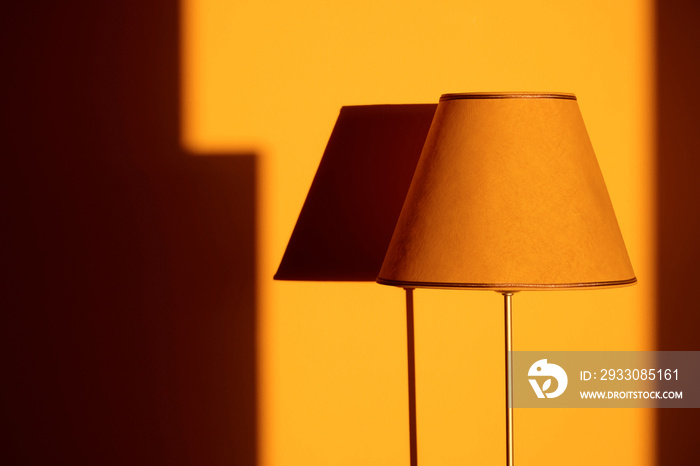 Lamp shade with metal stand illuminated by sunset light with a harsh shadow on the wall
