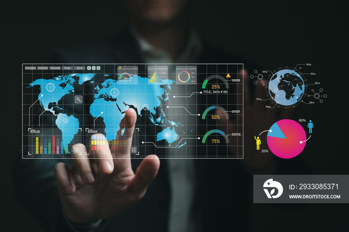 young entrepreneur using big data analysis and cloud technology to collect customer data and display on application dashboard from digital tablet to understand sale forecast and marketing plan.