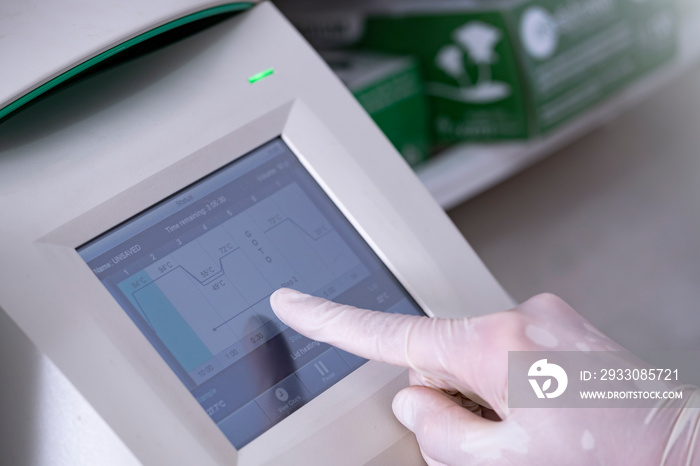 Scientist setup PCR machine, Real-time PCR for identification of pathogen, bacteria, virus including Covid19.