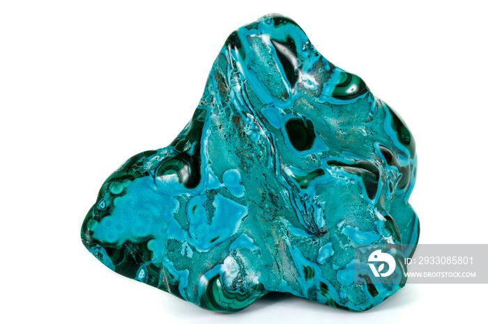 Macro mineral stone malachite Chrysocolla on a white background