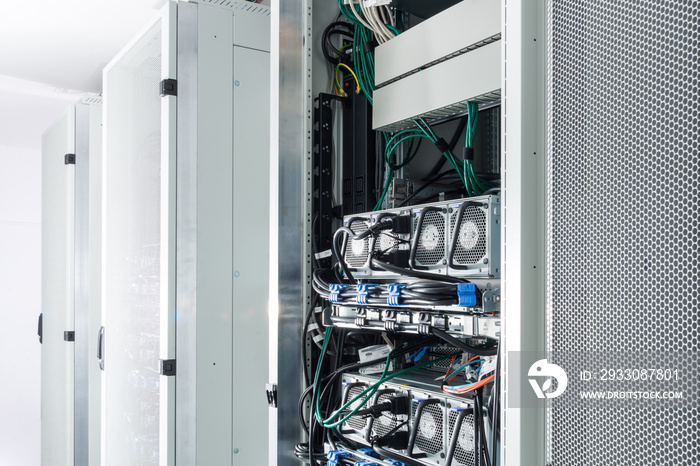 Server room with racks in internet data center