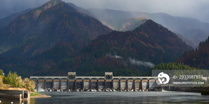 Hydroelectric power generation structures - Bonneville Dam in the Columbia River Gorge after rain.