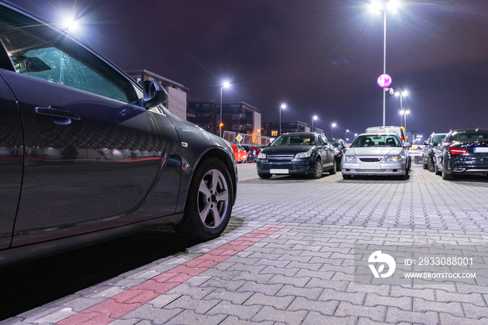 Parking car. Empty road asphalt background. Car lot parking space in underground city garage. Interior underground carpark.