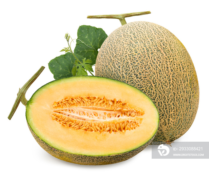 Yellow melon or cantaloupe melon with seeds isolated on white background, Hamigua melon on white background With clipping path.