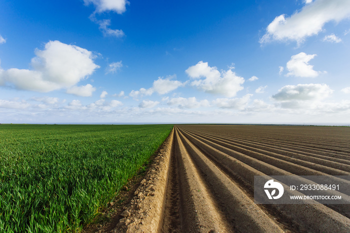 Plowed agricultural fields prepared for planting crops in Normandy, France. Countryside landscape, farmlands in spring. Environment friendly farming and industrial agriculture concept