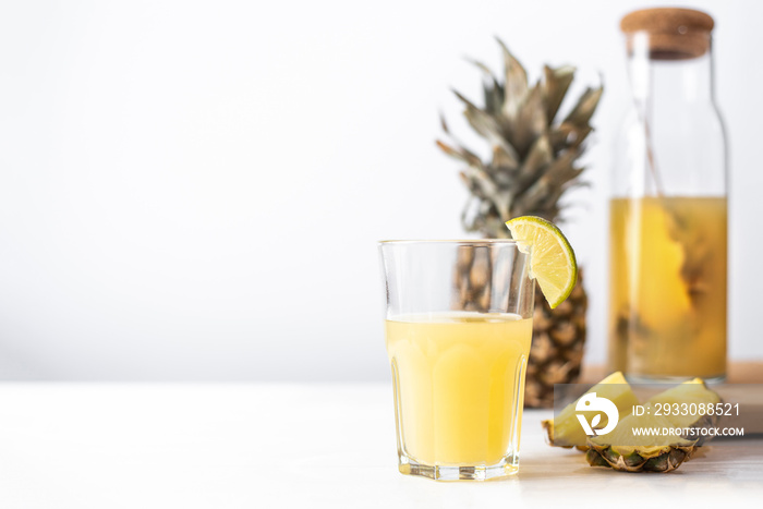 Fermented Pineapple Kombucha Drink - Tepache. Homemade probiotic superfood tea with juice. Healthy flavored drink. Copy space