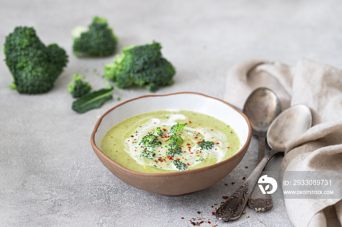 Spring  broccoli green cream soup .Healthy food concept