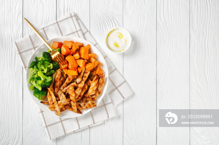 Sweet potato, chicken and broccoli, top view