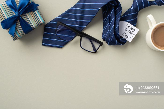 Father’s Day concept. Top view photo of giftbox with ribbon bow blue necktie glasses postcard and cup of coffee on isolated pastel grey background with copyspace