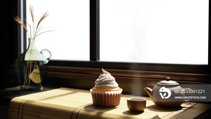 Breakfast cup cake and tea on table inside the room with alpha matte in background with 3d rendering.