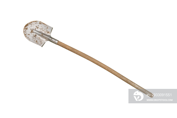 Used shovel in the ground with a bent arm isolated on a white background.