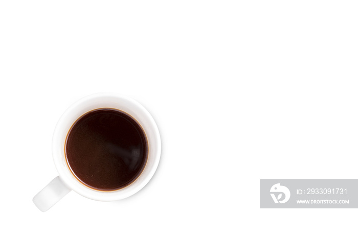 Top view, Black coffee in whtie mug with faded shadow with copyspace for text. isolated on white background with Clipping path.