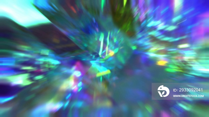 A beam of light rays. Crystal prism refracting light in vivid rainbow colors. Glass neon blue purple green holographic background