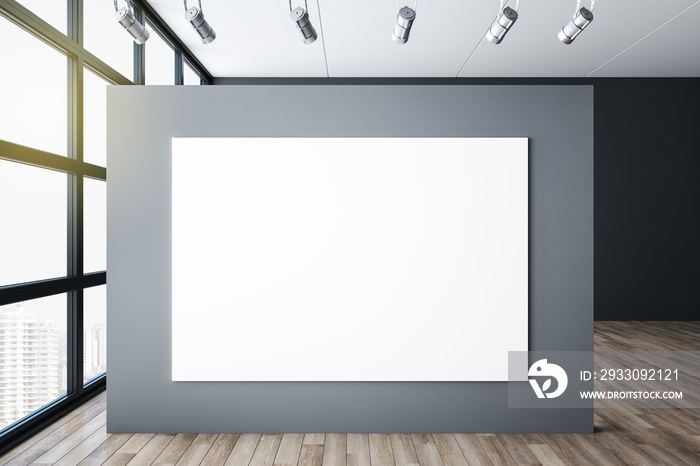 Clean office hall interior with blank banner