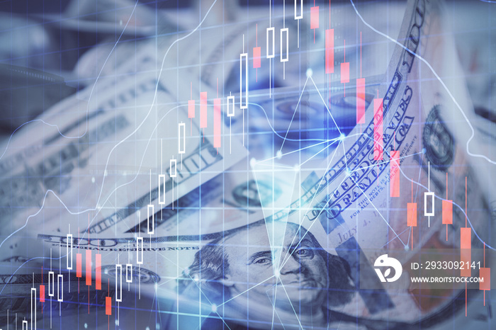 Double exposure of forex graph drawing over us dollars bill background. Concept of financial markets.