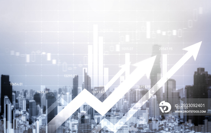 Financial graphs and digital indicators overlap with modernistic urban area, skyscrabber for stock market business concept. Double exposure.