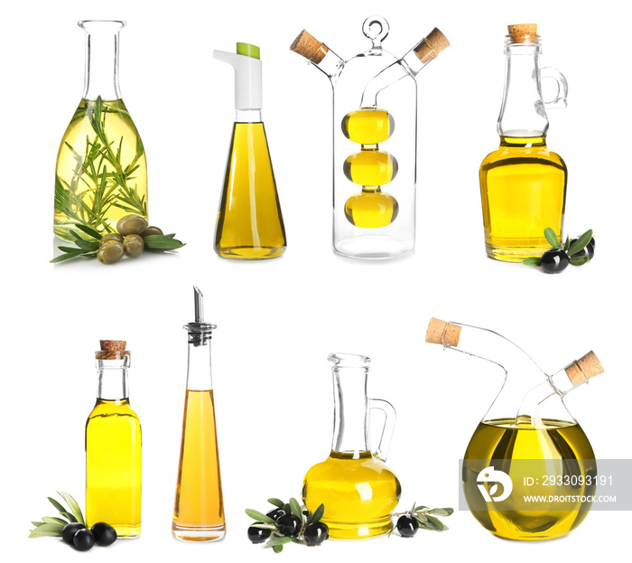 Different bottles with olive oil on white background