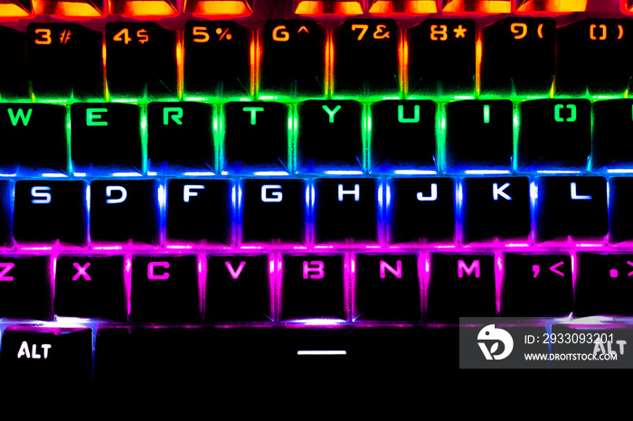 Keyboard with luminous colored keys. Gaming RGB keyboard with multi-colored buttons
