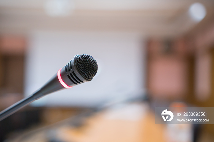 Conference room with microphone for presentation or meeting room prepare for speaker and speech about education lecture in university performance in seminar