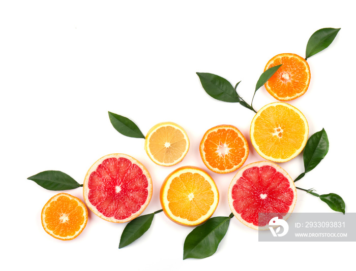 Citrus fruits isolated on white background. Isolated citrus fruits. Pieces of lemon, pink grapefruit and orange isolated on white background, with clipping path. Top view