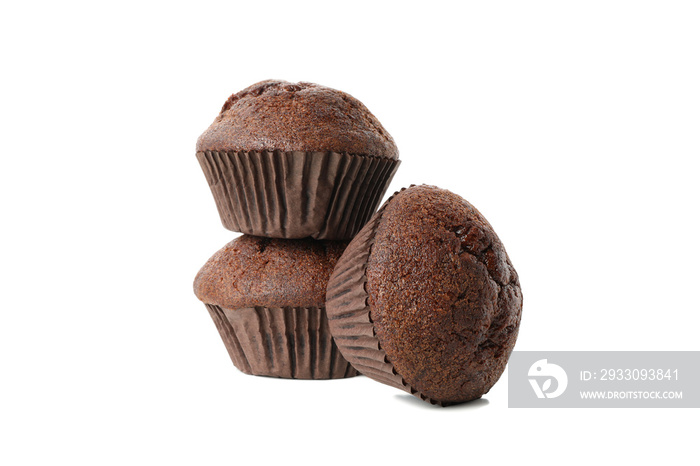 Delicious chocolate muffins isolated on white background