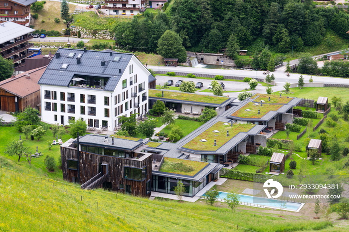 Aerial view of extensive green living sod roofs with vegetation