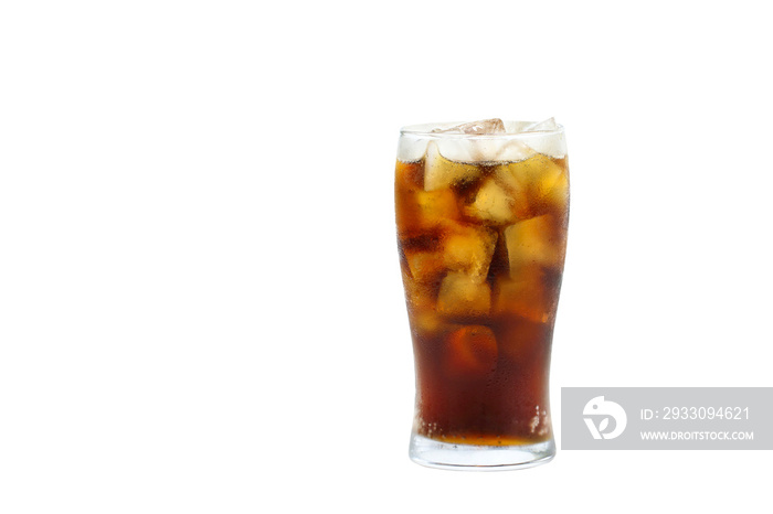 Cola in glass with ice on transparent background.