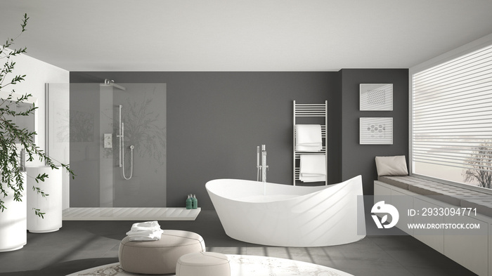 Modern classic bathroom with big round carpet, large panoramic window, minimalistic white and gray interior design